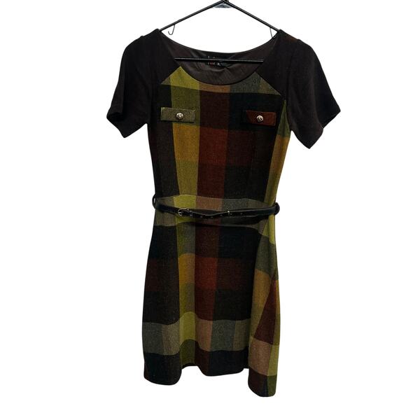 Retro Fall Plaid Dress Yumi Mod Colorblock Belted Mini Size S - Picture 1 of 7